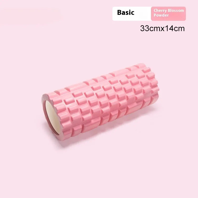 EVA foam roller in black, grey, pink, sky blue, or light purple, showing cylindrical shape for fitness recovery