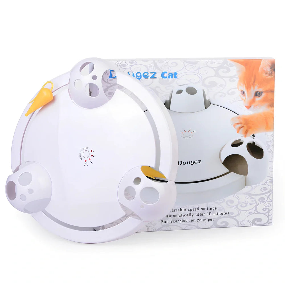 White automatic cat toy with 32cm rotating platform on hardwood floor