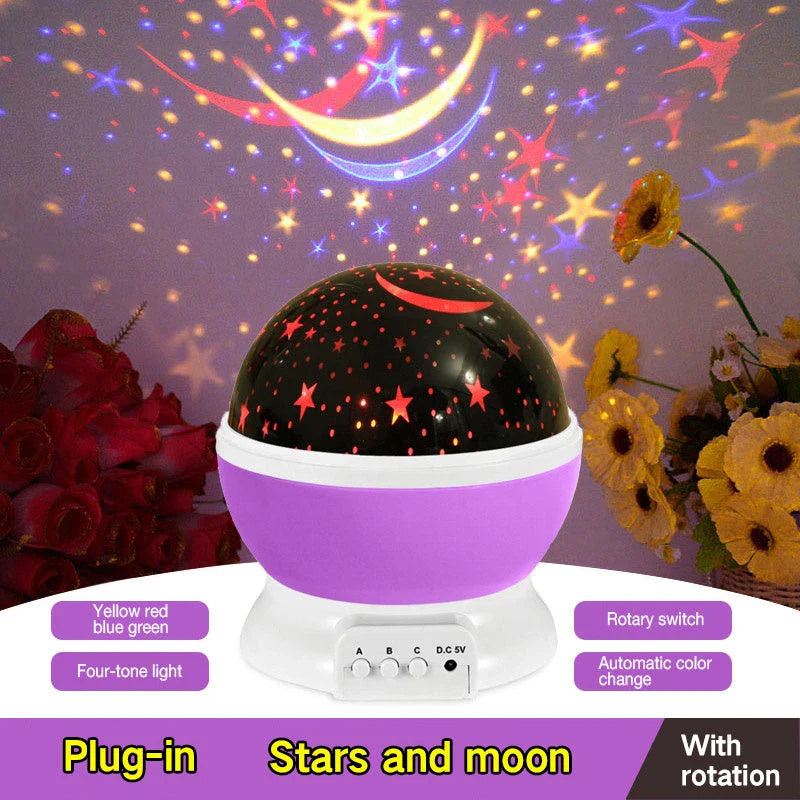 Celestial LED Projection Lamp with rotating base, projecting stars, moons, and cosmic designs onto walls and surfaces