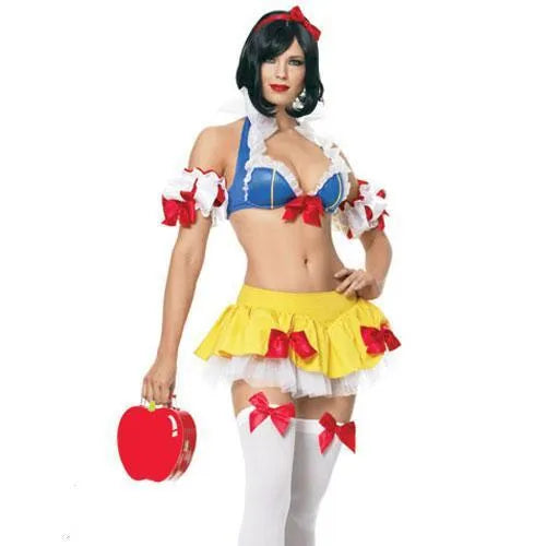 Snow White anime cosplay costume set with lace-up corset top, short skirt, headwear, and hand sleeves