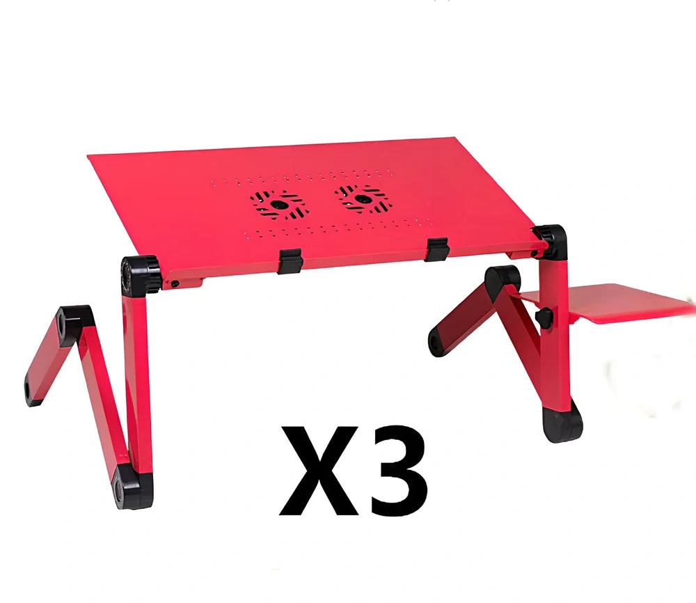 Black aluminium folding computer desk with adjustable legs and non-slip baffles for laptop stability