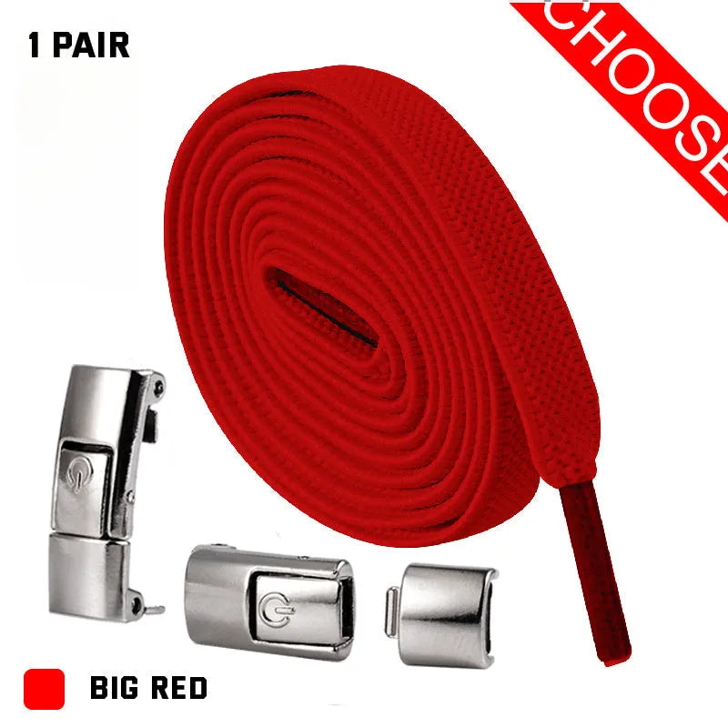 A pair of black widened flat elastic shoelaces with a silver press lock buckle on a white background.