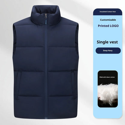 Men's soft shell down cotton work vest in black, red, or deep purple blue, sizes L to 5XL.