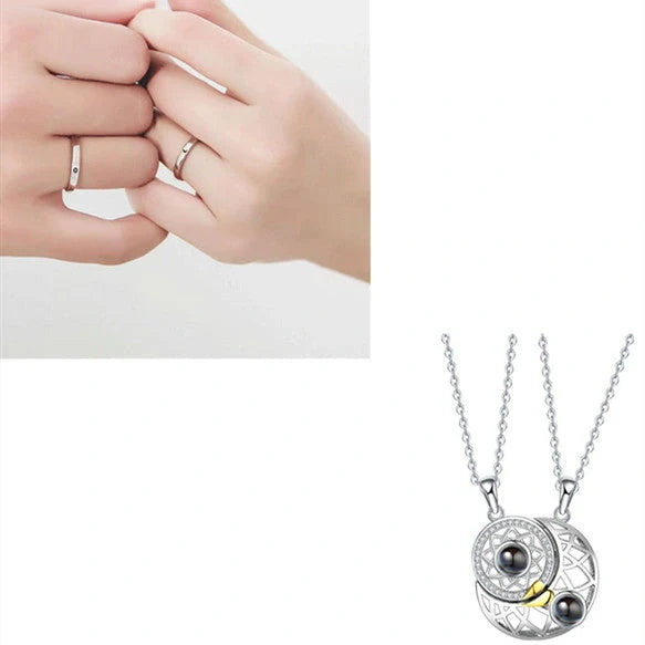 Personalized Sun and Moon Projection Necklace showcasing 100 languages I love you engraving