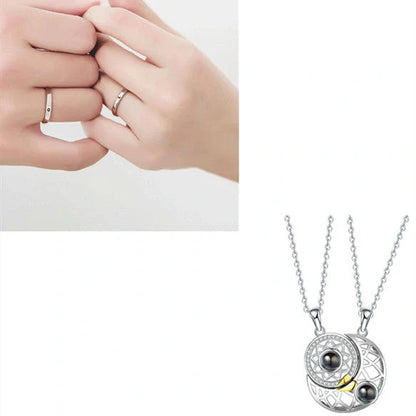 Personalized Sun and Moon Projection Necklace showcasing 100 languages I love you engraving