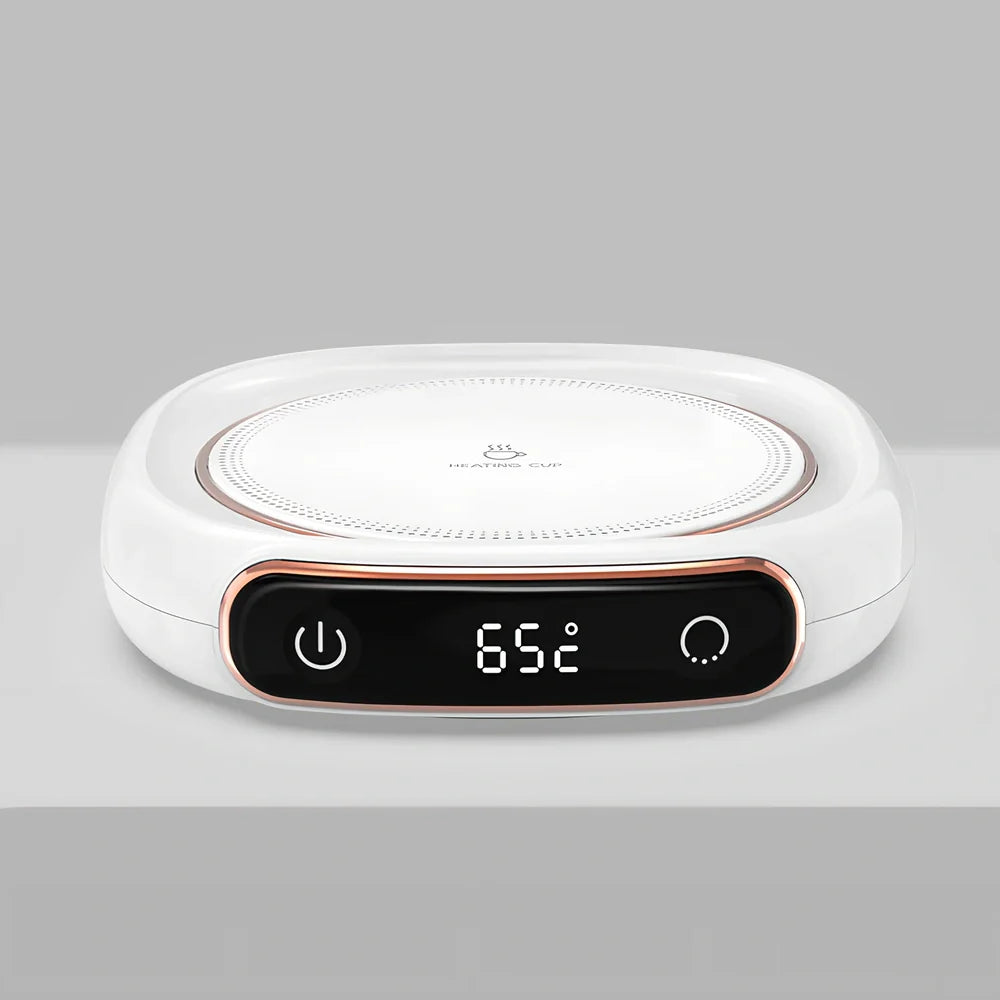 Desktop digital display warming pad with white plated collage surface showing temperature status