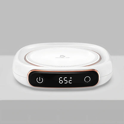 Desktop digital display warming pad with white plated collage surface showing temperature status