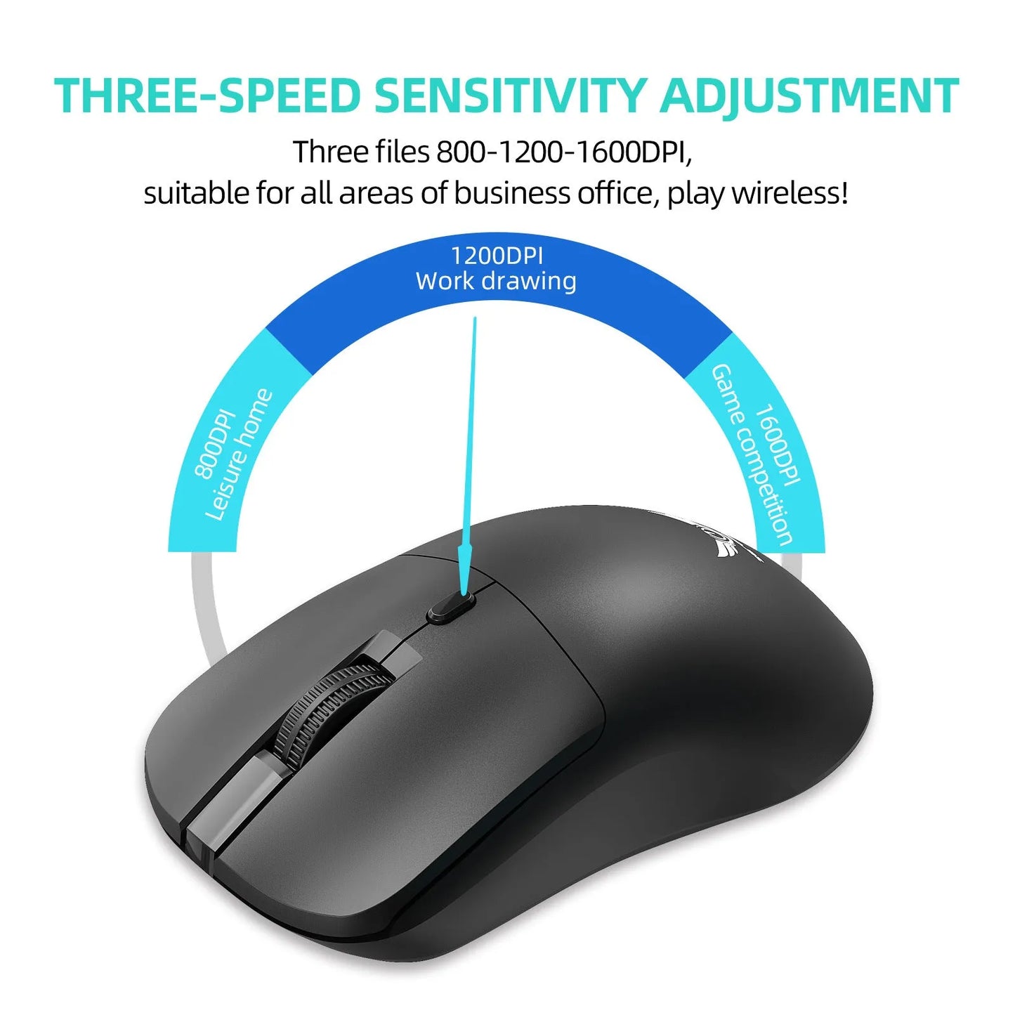 Black wireless computer mouse with three-gear audio button showing top view