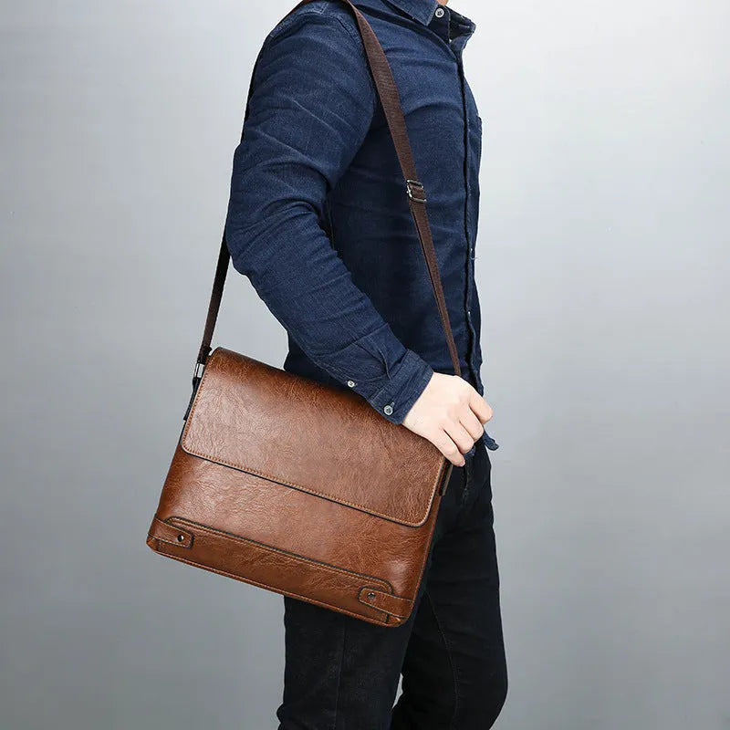 Men's PU crossbody shoulder bag in black, dark brown or khaki for business travel and commuting