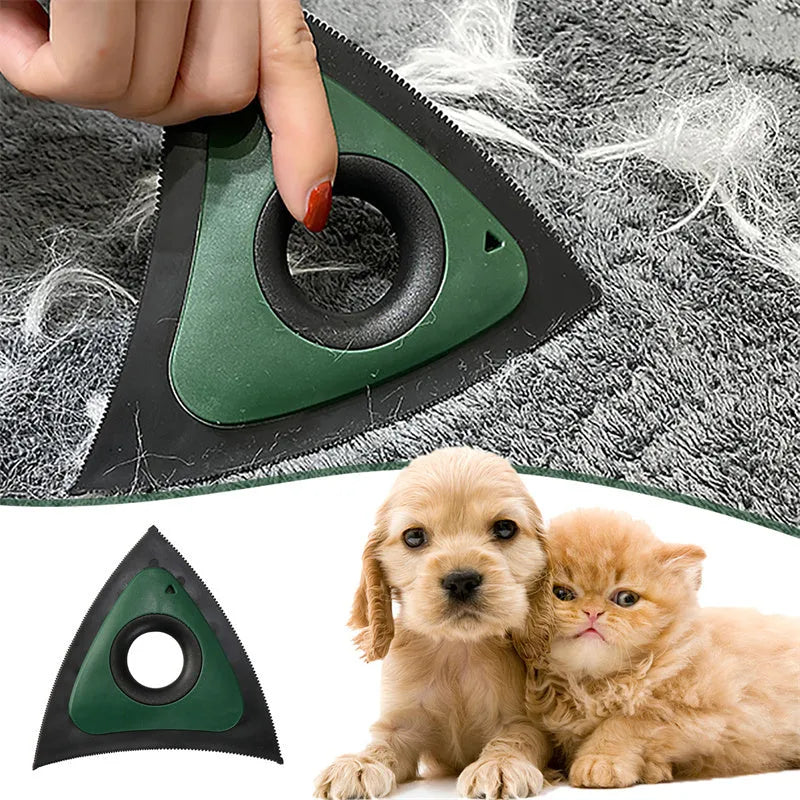 Triangular ABS pet hair remover brush in red, green or orange with bow-shaped handle and three gear densities
