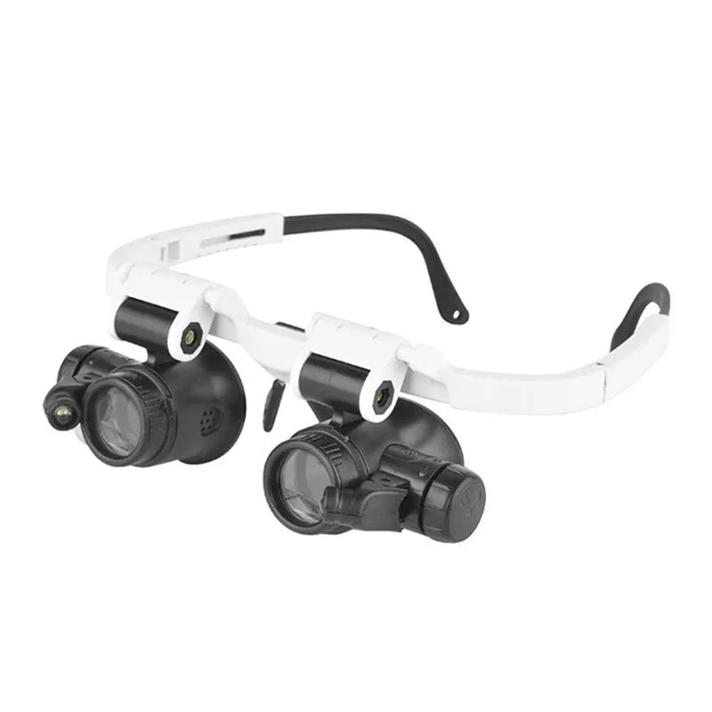 White head-mounted magnifying glass with adjustable band, 30mm lenses, and foldable design for circuit board repair
