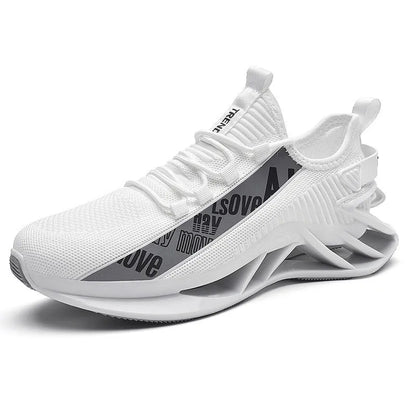 Men's casual shoes with breathable woven mesh upper in black, blue, red, or white colours showing embroidery detailing