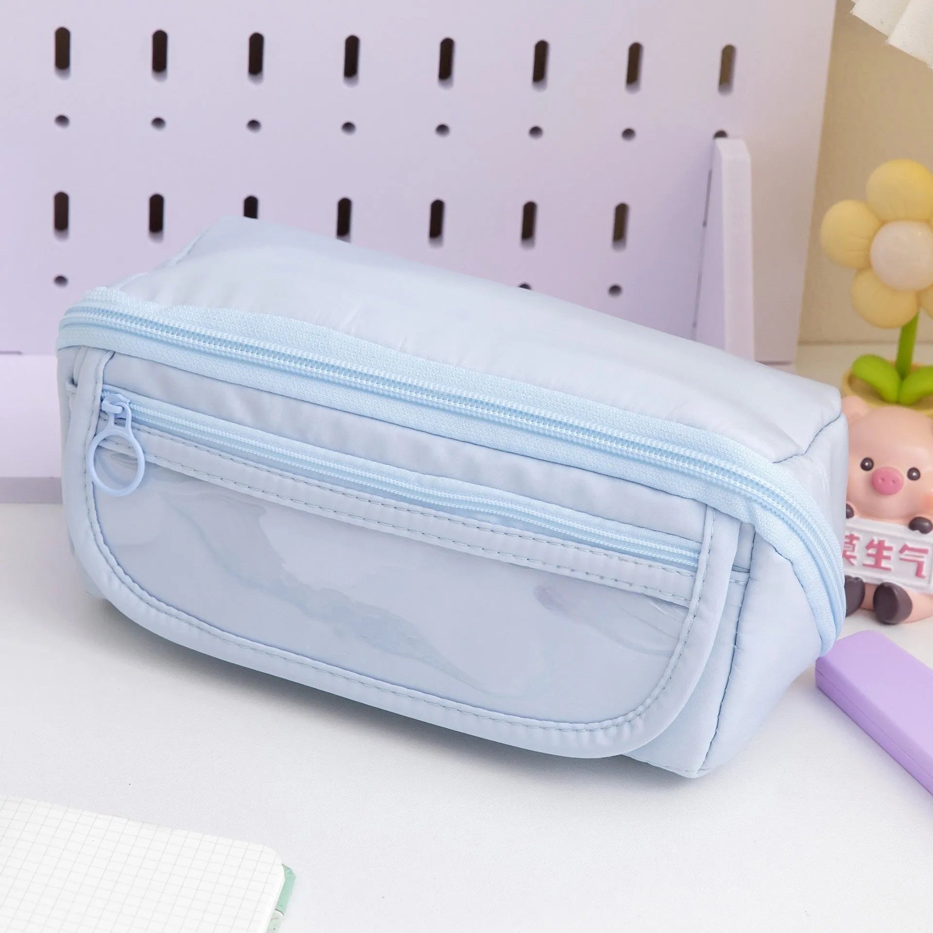 Korean-style canvas pencil case showing ten-layer flip design in Girl Pink colour