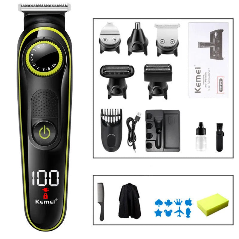 Black rechargeable electric hair clipper set with stainless steel blade and automatic grinding head