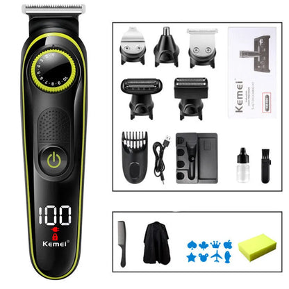 Black rechargeable electric hair clipper set with stainless steel blade and automatic grinding head