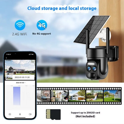 Solar-powered outdoor security camera with 8x zoom lens and full colour night vision capability