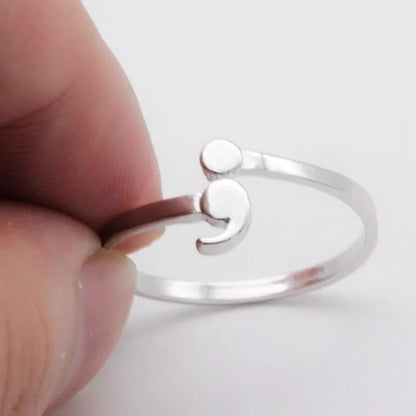 Silver semicolon design wave ring with inspirational Chinese characters