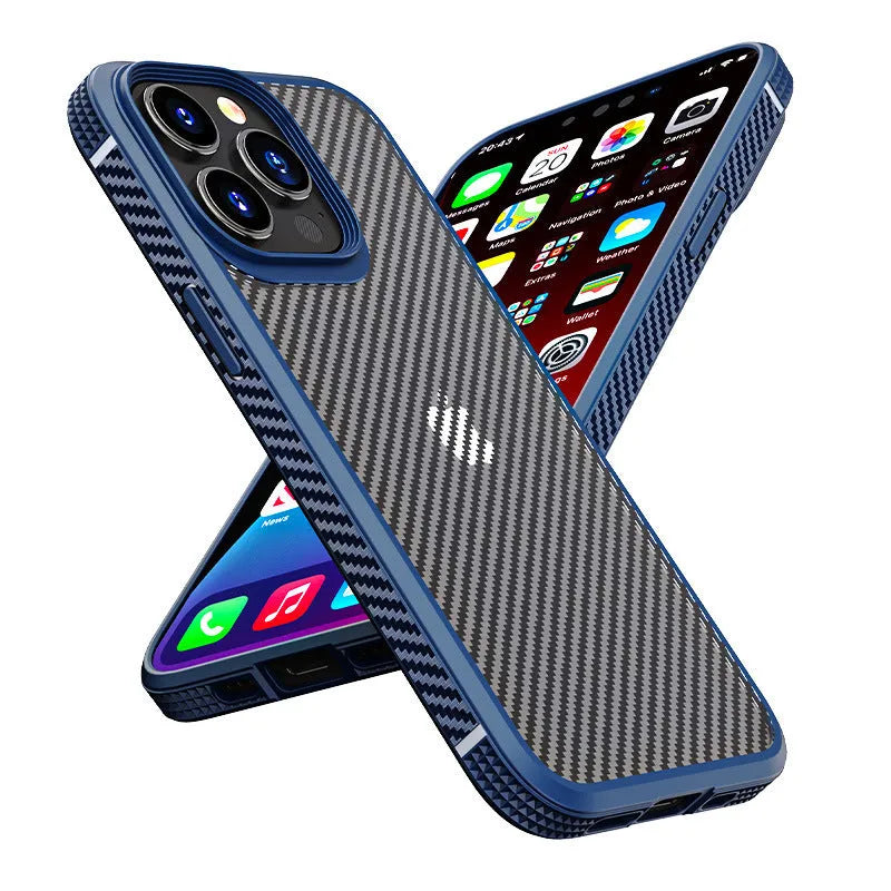 Black and blue iPhone 13 series protective cases with carbon fibre pattern and TPU+PC construction