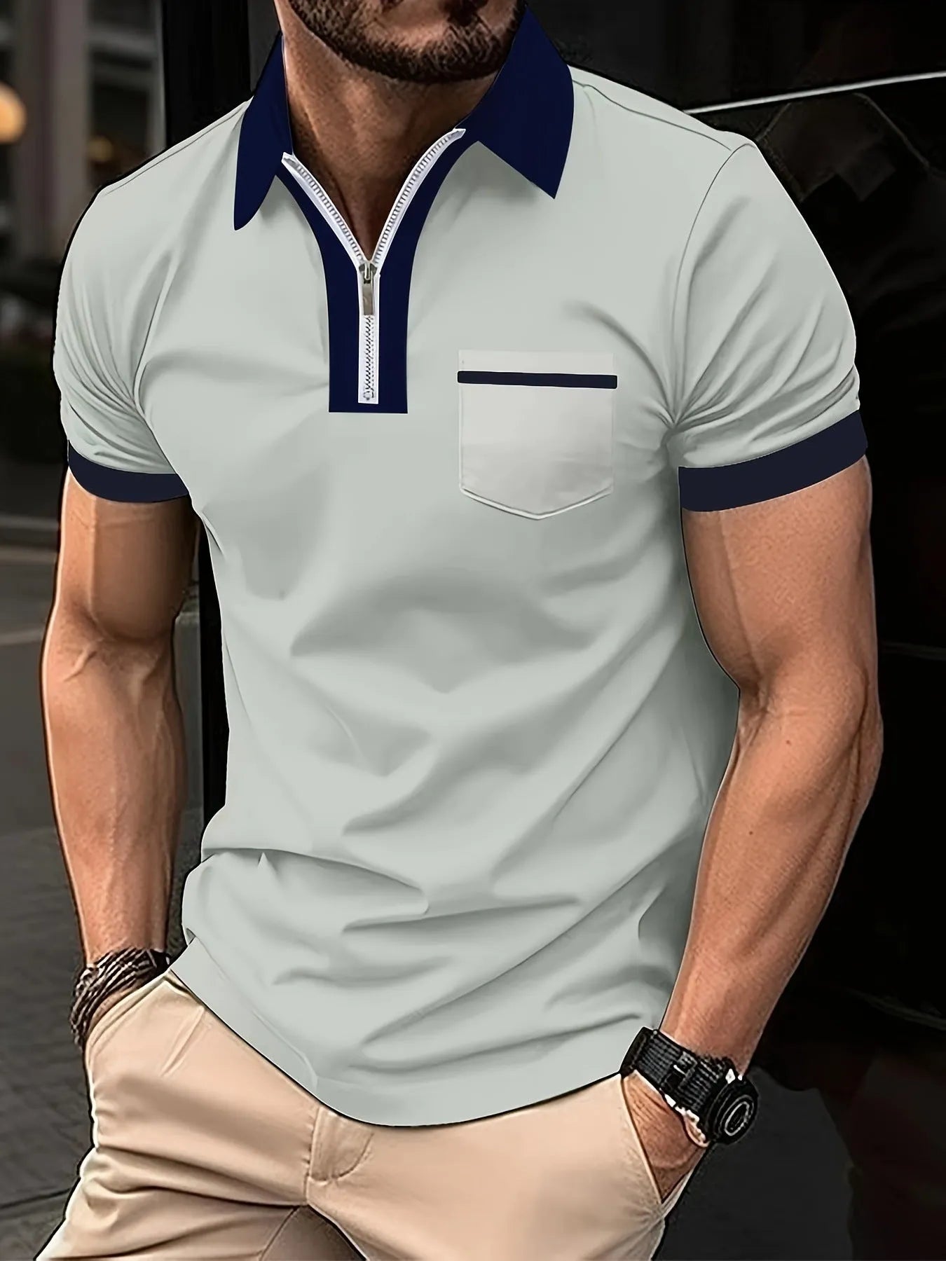 Men's short sleeve casual shirt with chest pocket zipper decoration in multiple colour combinations