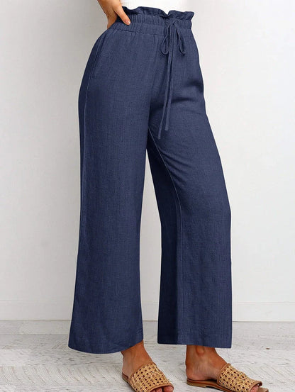 Elastic waistband lace-up wide leg cropped pants in solid colors, showcasing versatile style and comfort