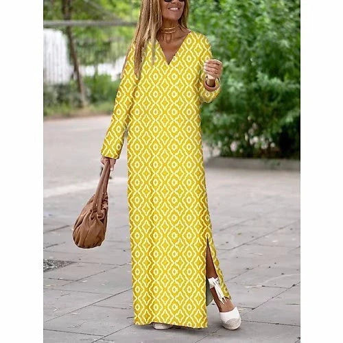 Women's geometric printed V-neck long dress with long sleeve slit, available in multiple colors and sizes.