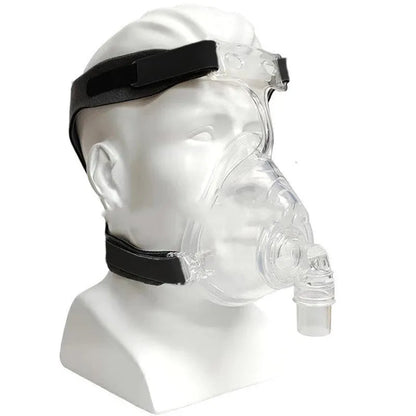 Transparent silicone CPAP breathing mask with headband and adapter elbows for ventilator connection