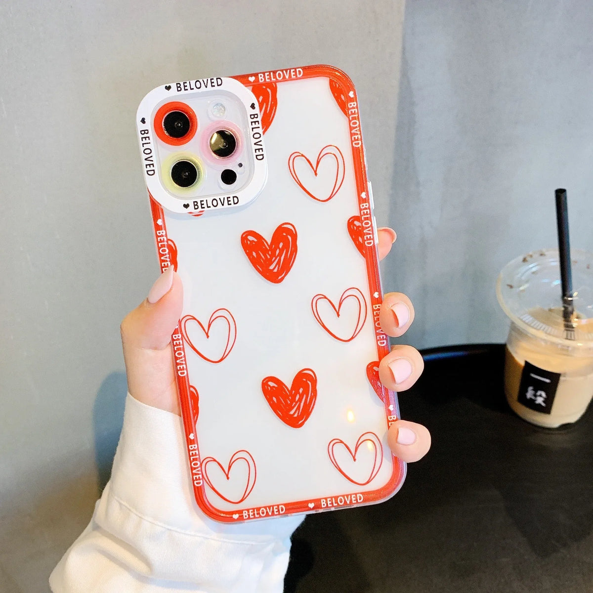 Pink and red love heart design TPU back cover case for compatible iPhone models.