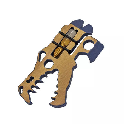 Dinosaur Head Tool in TC4 titanium, available in grey, blue, and copper