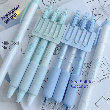 Double-headed fluorescent pen with 0.5mm tip for calligraphy practice, plastic construction, includes 4 pens
