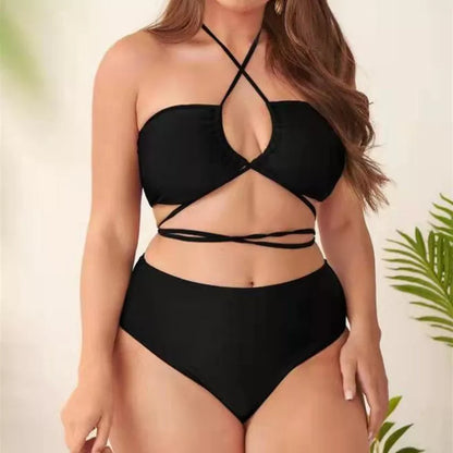 Plus Size Solid Color Split Ladies Bikini Set in black and orange