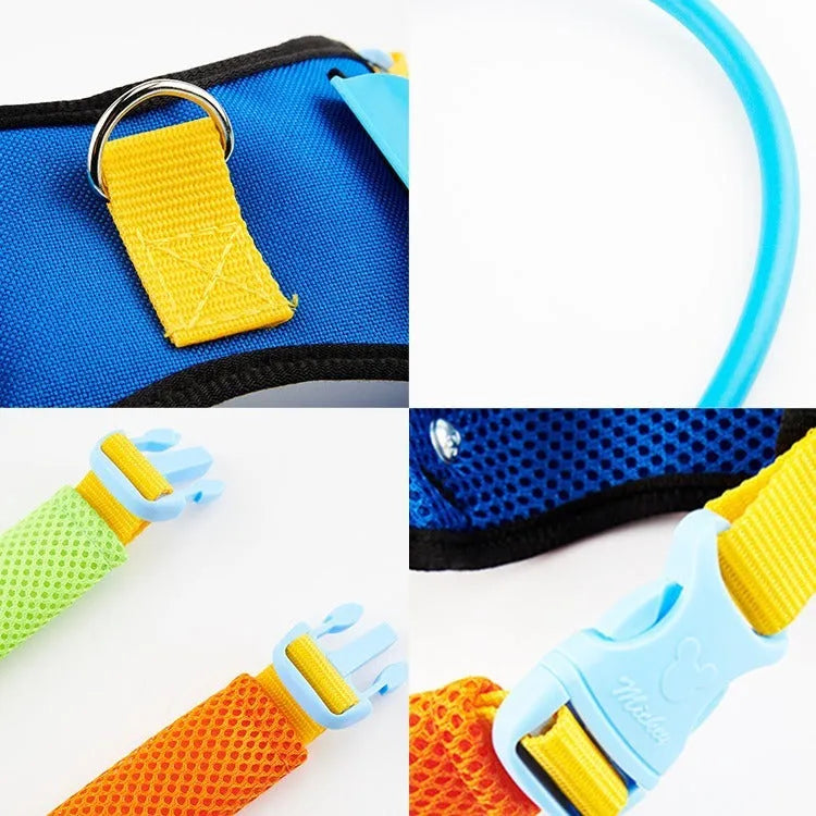 Blue adjustable anti-collision safety ring for dogs, shown on a neck model.