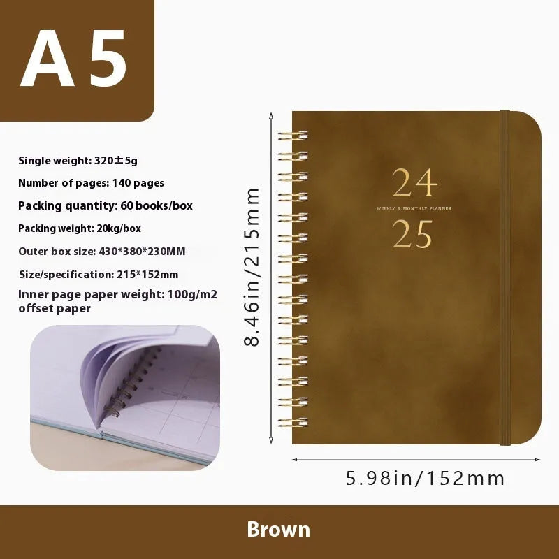 A5 size PU leather notebook with metal coil binding in a choice of colours including black, blue, and brown.