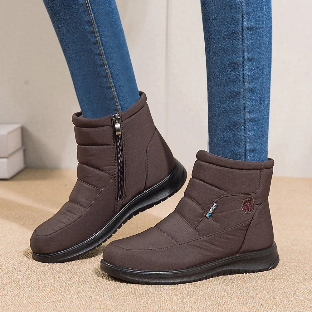 Women's waterproof non-slip winter ankle boots in red, black, and brown