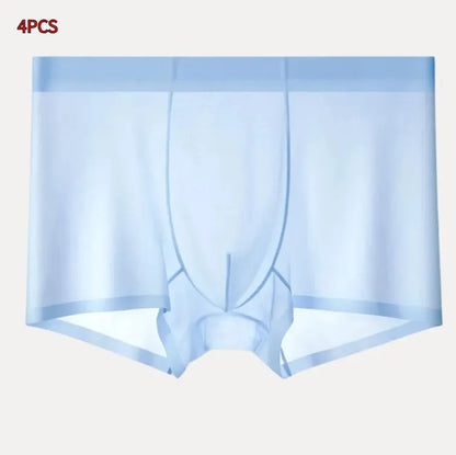 Men's ultra-thin ice silk boxer briefs in purple, shown flat to highlight seamless design.