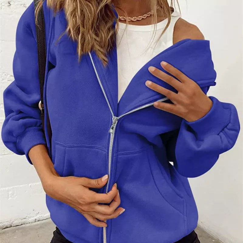 Women's solid color zipper hooded sweatshirt with drawstring, available in multiple colors and sizes.