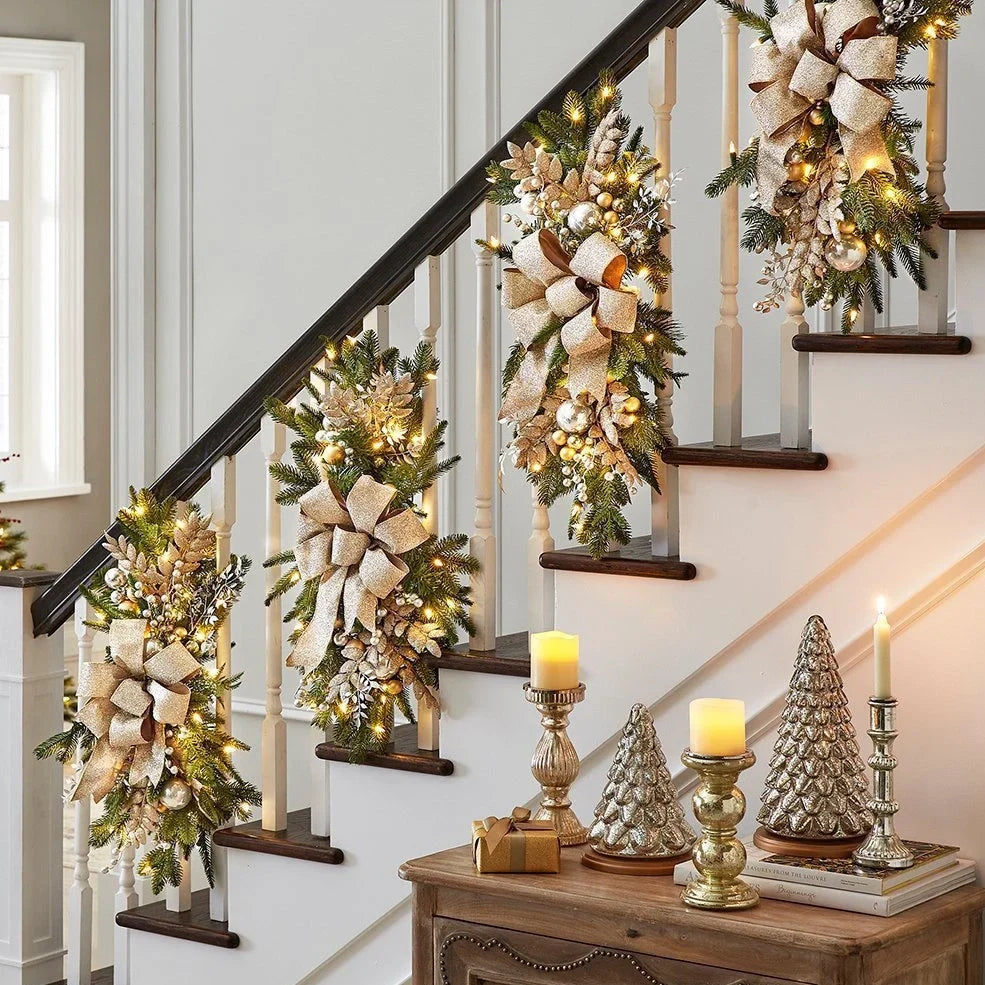 Christmas door curtain with glowing upside-down tree design in red, blue, or gold colours