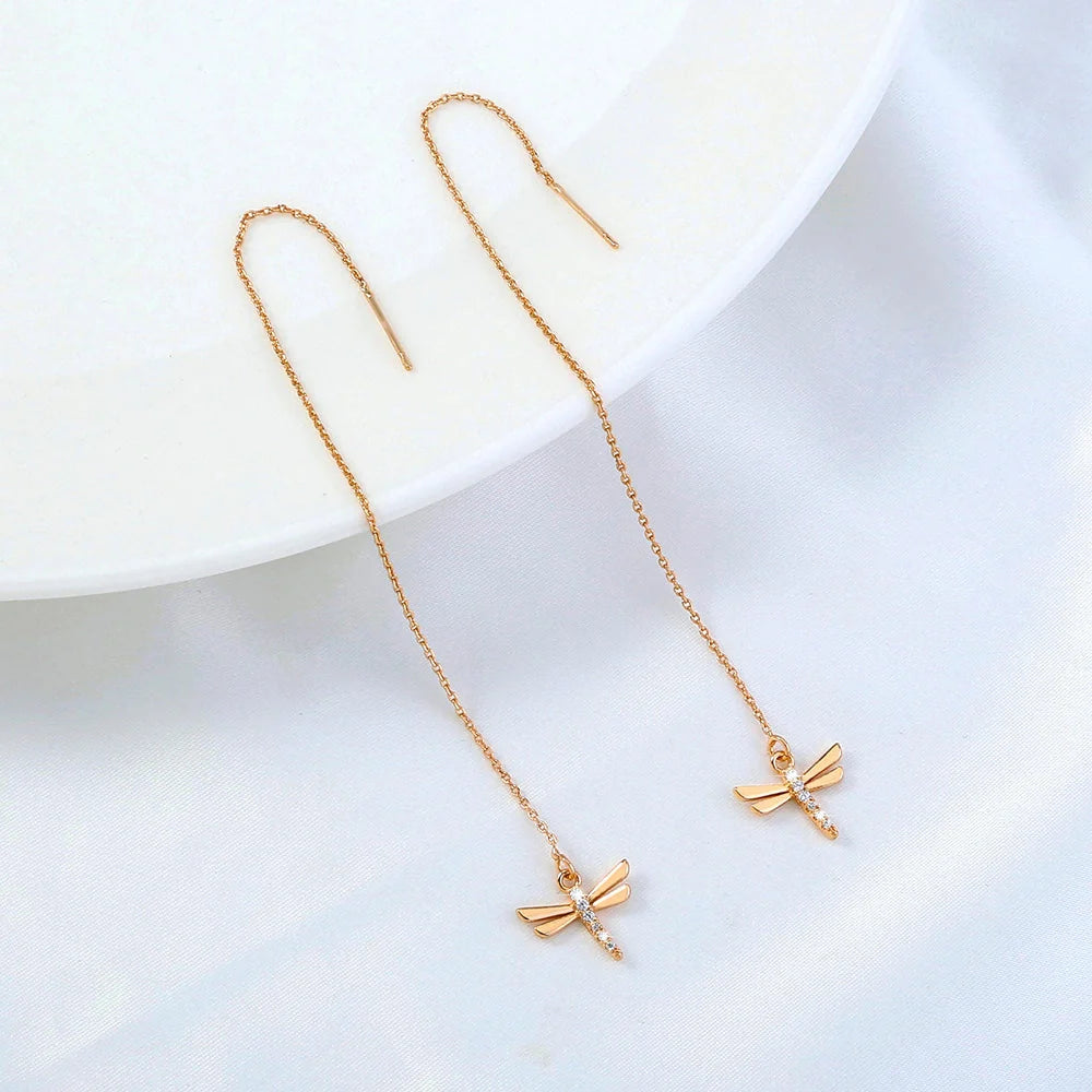 Gold Copper Dragonfly Earrings with Zircon Long Tassel - Unique Fashion Jewelry