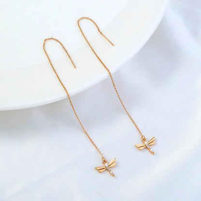 Gold Copper Dragonfly Earrings with Zircon Long Tassel - Unique Fashion Jewelry