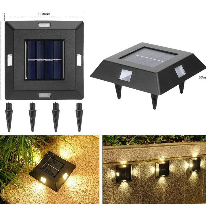 Solar garden wall light with LED illumination measuring 30×75×100mm in black plastic finish