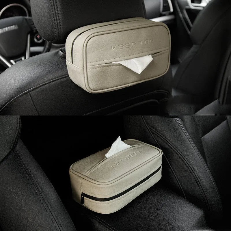 Black leather hanging storage box with PU coating, dimensions 23x13x9cm, shown behind a car headrest