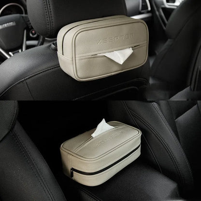 Black leather hanging storage box with PU coating, dimensions 23x13x9cm, shown behind a car headrest