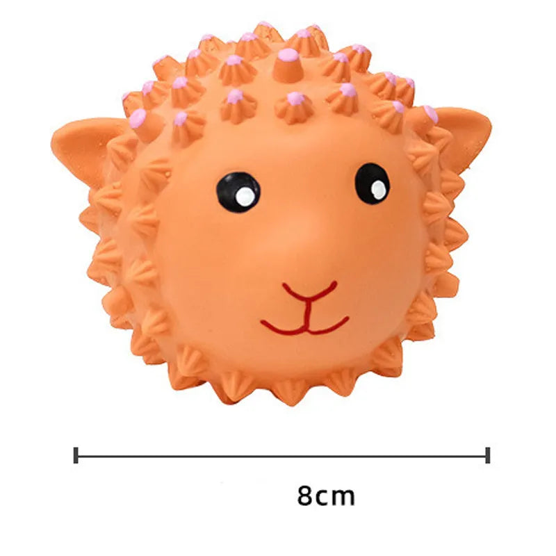 Latex squeaky dog toys in lamb and monkey designs, 3 inches diameter with spiky texture for dental cleaning