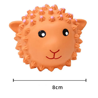 Latex squeaky dog toys in lamb and monkey designs, 3 inches diameter with spiky texture for dental cleaning