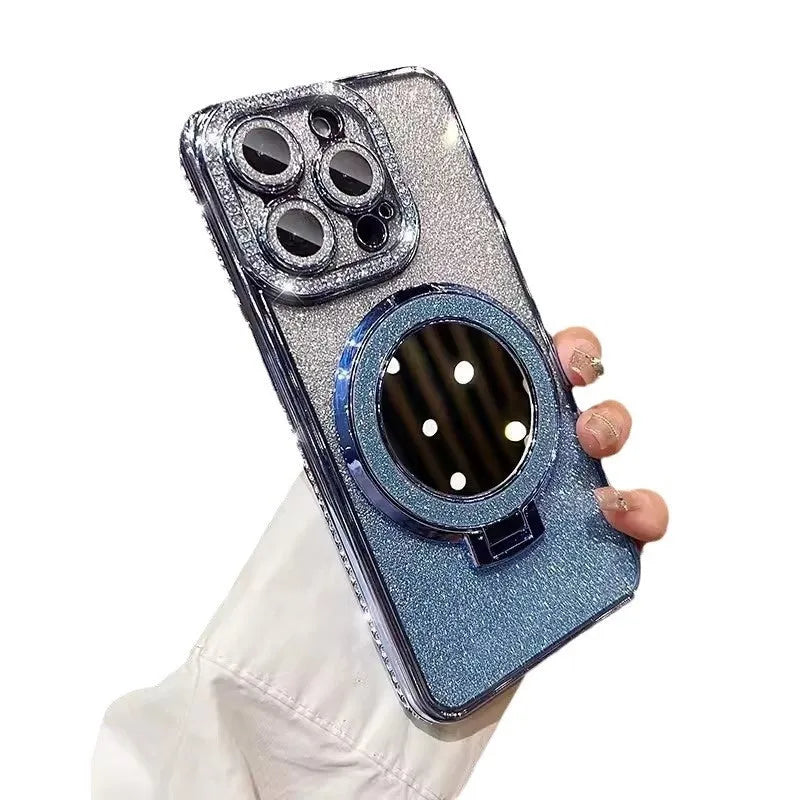 Glittering gradient iPhone case with an attached bracket for holding a makeup mirror.