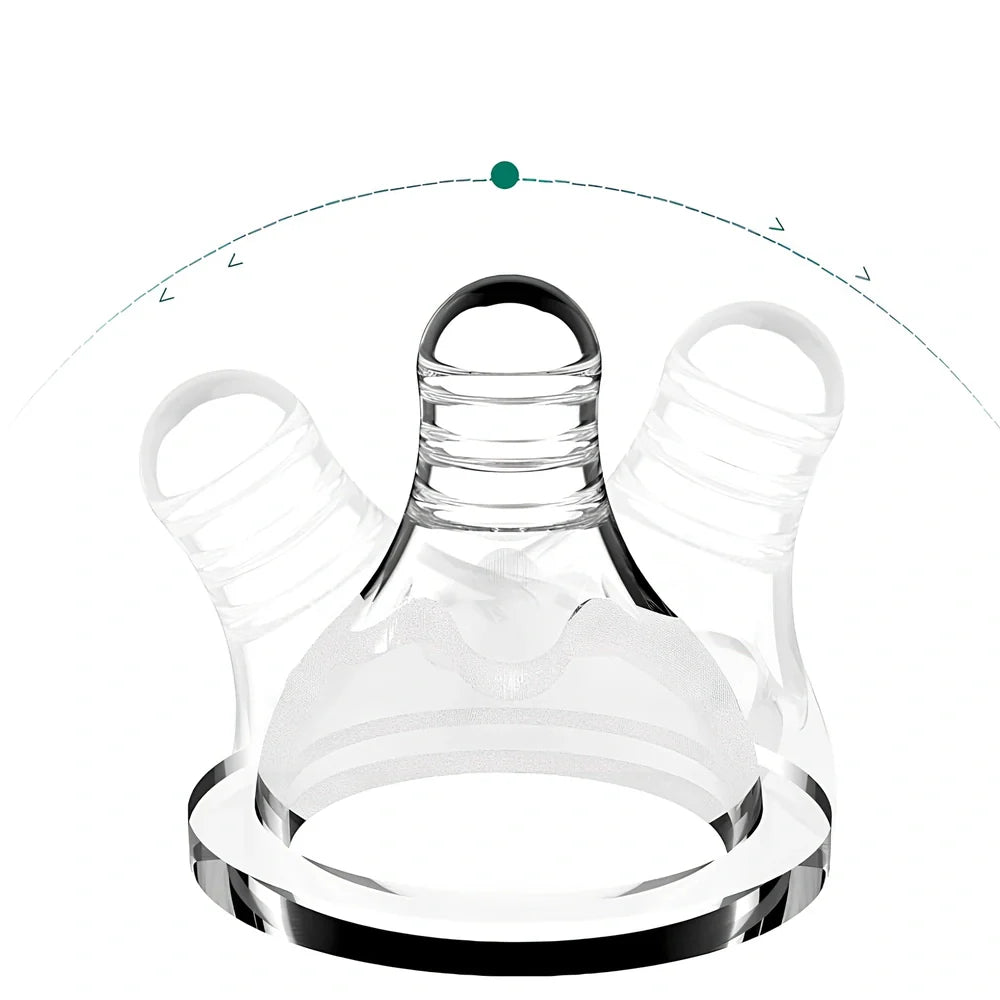 Baby feeding bottle with curved double handles in blue or pink, showing wide caliber opening and transparent PP construction