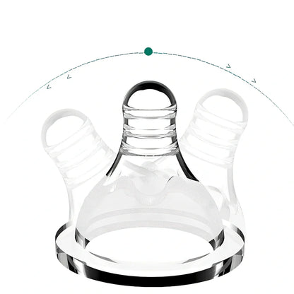 Baby feeding bottle with curved double handles in blue or pink, showing wide caliber opening and transparent PP construction