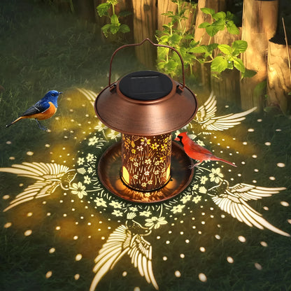 Solar lamp feeder with hummingbird pattern iron art design for garden bird feeding and lighting