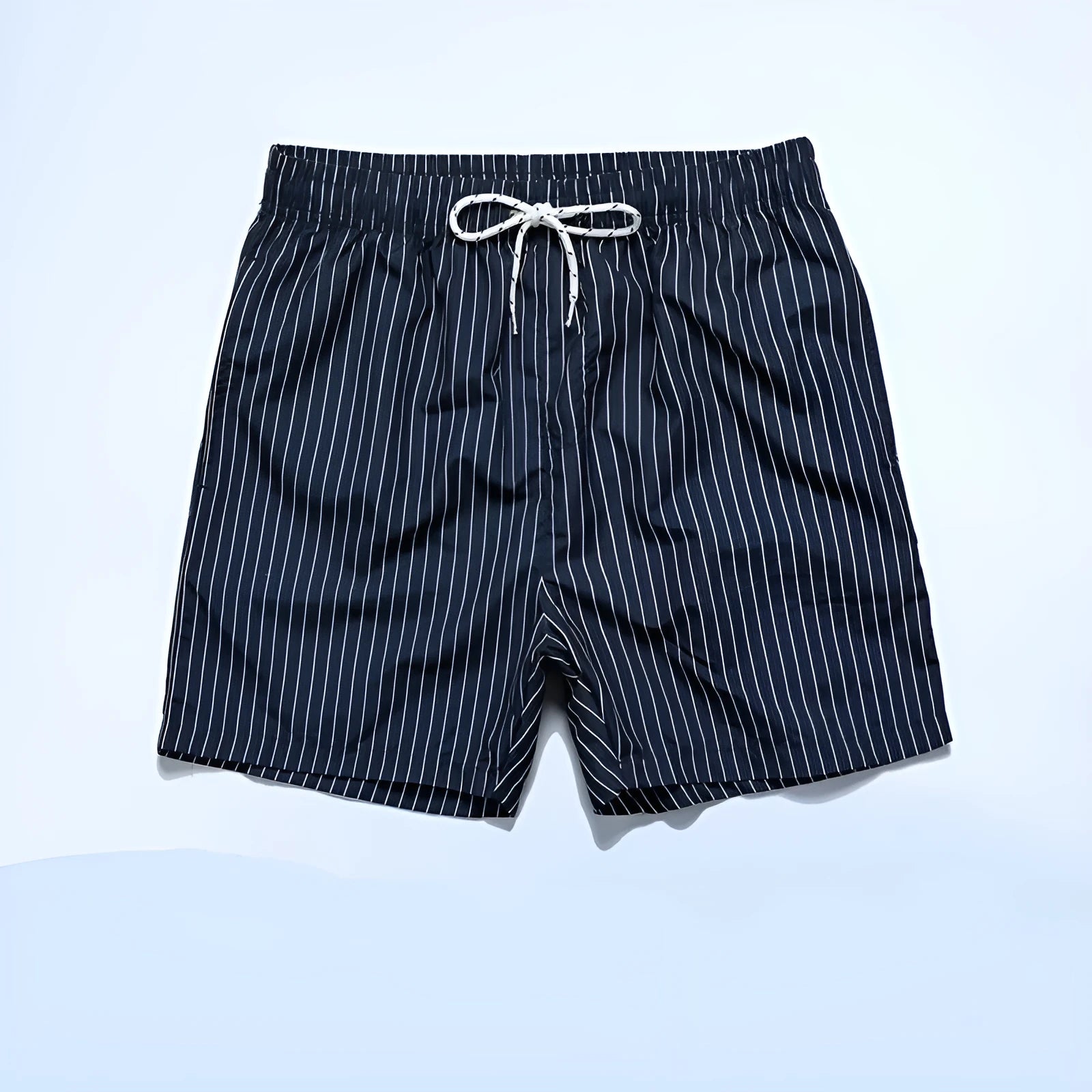 Pair of grey striped polyester shorts with a straight leg cut on a mannequin