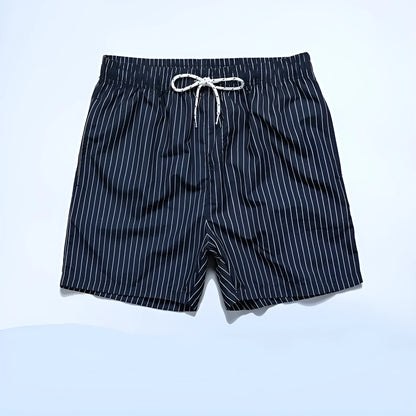 Pair of grey striped polyester shorts with a straight leg cut on a mannequin