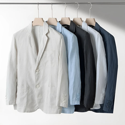 Men's loose fit linen suit jacket in solid colours showing long sleeves and casual styling